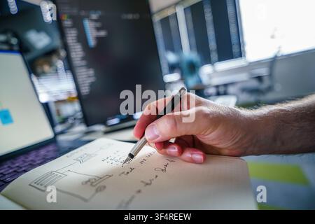 engineer writing technical network schematic diagrams and notes in a dot grid notebook with a pen. He is working at a modern office desk setup with a Stock Photo