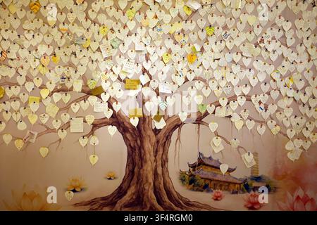 Bai Dinh Pagoda. A Bodhi tree with paper leaves on which pilgrims and visitors have written their prayers, wishes, and intentions. Ninh Binh, Vietnam. Stock Photo