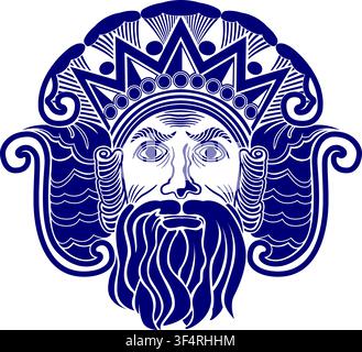 Neptune god of the sea, fantasy line vector illustration on white background Stock Vector