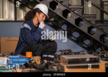 Female engineer squatting holding tablet thinking check electric servo motor spare parts inventory in industrial warehouse. Concept of factory stock c Stock Photo