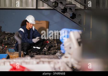 Woman technician using digital tablet checking electric servo motor spare parts inventory in industrial warehouse. Concept of stock control system, in Stock Photo