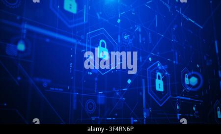 3D rendering cyber security HUD scene with layered digital locks, flowing data lines and futuristic network panels, designed for high-tech visuals, AI Stock Photo