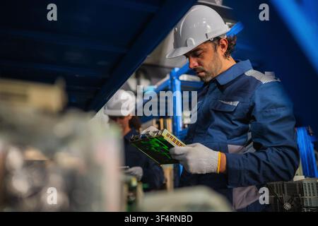 Chief mechanical engineer inspecting examining circuit board motherboard spare parts stock room factory. Concept of industrial maintenance service ins Stock Photo