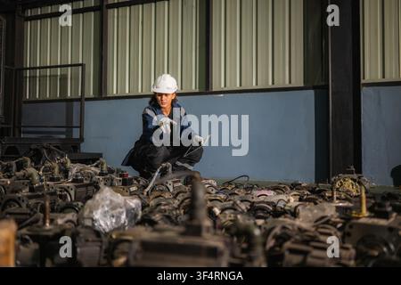 Female engineer holding tablet checking electric servo motor spare parts inventory in industrial warehouse, concept of heavy machinery automation repa Stock Photo