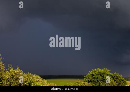 Thunderheads gather above open farmland casting a deep charcoal sky over bright trees The scene balances light and menace showing the moment just befo Stock Photo