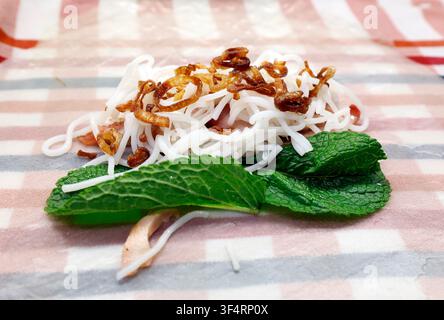Rice noodles topped with crispy fried shallots, served on fresh mint leaves. Vietnamese spring rolls. Stock Photo
