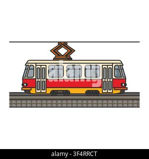 Vintage tram isolated on white background. Vector illustration. Classic electric streetcar on railway track with passengers. Stock Vector