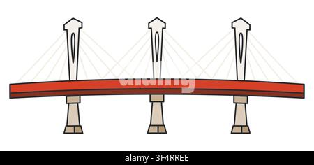 Cable stayed bridge isolated on white background. Vector illustration. Modern bridge with support towers and suspension cables in minimalist Stock Vector