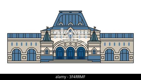 Railway station isolated on white background. Vector illustration. Historic train station building with classic architecture and transportation. Stock Vector