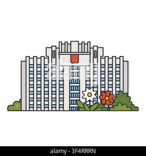 Modern office building isolated on white background. Vector illustration. Contemporary corporate architecture with flowers and shrubs. Stock Vector