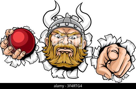 A Viking man holding Cricket ball and pointing sports team cartoon character mascot illustration. Stock Vector