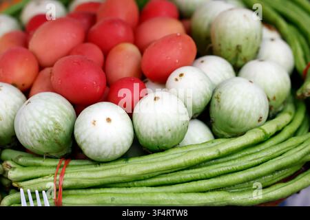 A colorful assortment of fresh vegetables, including round eggplants, tomatoes, and long beans, arranged in a basket. These ingredients are typical of Stock Photo