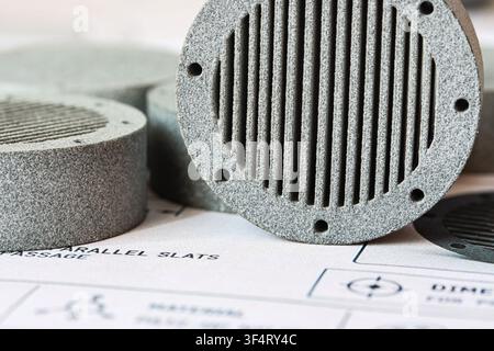 Gray MJF 3D Printed Prototype on Technical Drawing Stock Photo