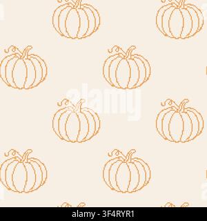 Autumn pumpkin cross stitch embroidery seamless pattern. Vintage pixelated needlework repeating background with handmade monochrome orange squash Stock Vector