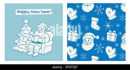 New Year illustration set featuring Santa Claus reading beside a decorated Christmas tree and a seamless winter pattern with gifts, mittens, stockings Stock Vector