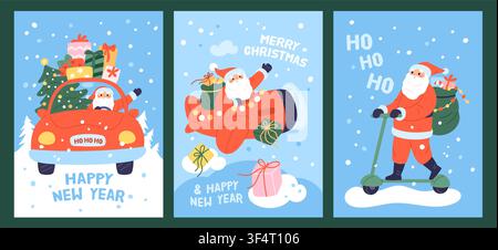 Santa character in transport. Various methods of christmas gift delivery, traditional, modern scooter, holiday celebration cards, poster and print des Stock Vector