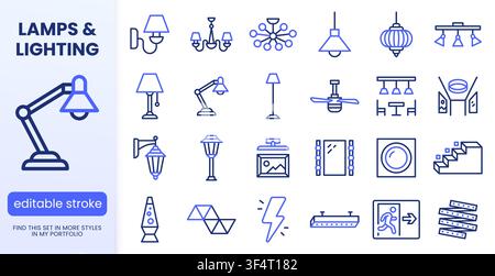 Lighting, interior lamp line icons set. Chandelier, ceiling fan, vanity mirror, LED strip, emergency exit flat minimal vector illustrations. Simple Stock Vector