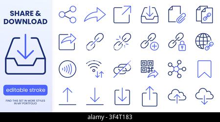 Link share line icons set. Hyperlinks, download, upload, cloud storage, QR code, secure attachment flat minimal vector illustrations. Simple outline Stock Vector