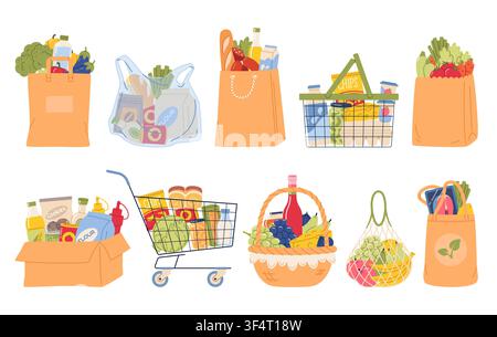 Reusable grocery bags and shopping baskets. Fresh food, organic products and goods in eco packaging, zero waste lifestyle, packaged purchases in Stock Vector