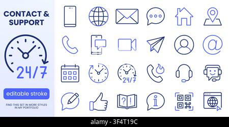 Contact us, customer support line icons set. Telephone, email, chatbot, 24 7 service, FAQ, location flat minimal vector illustrations. Simple outline Stock Vector