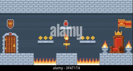 Pixel art castle dungeon. Game location in medieval fortress underground, platformers level, rpg and adventure with platforms, coins and fire traps Stock Vector
