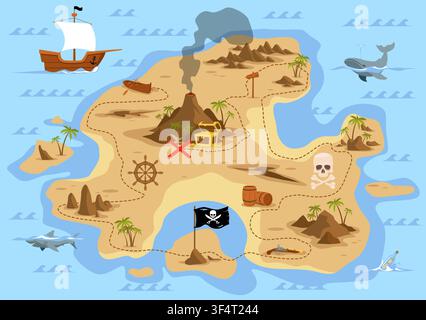 Pirate treasure map. Tropical island, volcano, hidden chest, ship and adventure route, fantasy board game, navigation scene, ship in ocean Stock Vector