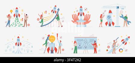 People with rocket. Startup launch and business growth, team developing innovative project, strategy planning, funding, successful product development Stock Vector