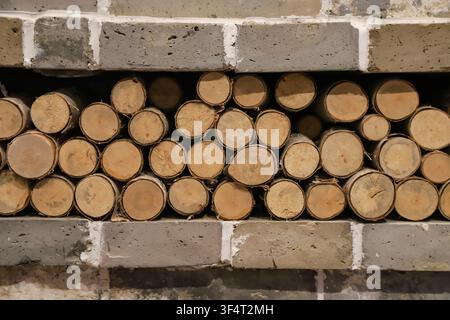 A close-up view of neatly arranged log cross-sections stacked between gray brick walls with white cement gaps. The wood displays clear natural texture Stock Photo