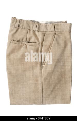 Beige linen folded pants isolated on white background Stock Photo