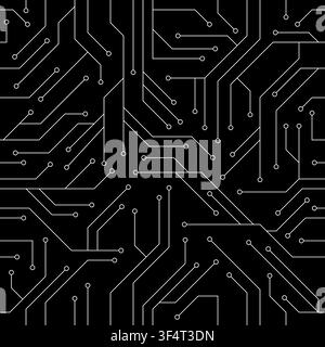 Seamless black circuit board pattern with white connection lines Vector Illustration Stock Vector