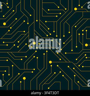 Seamless dark teal circuit board pattern with gold connection lines Vector Illustration Stock Vector