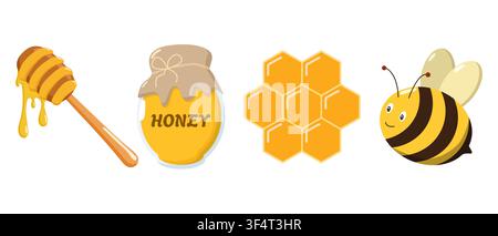 Cartoon honey dipper, jar, honeycomb, and smiling bee illustration. Sweet vector design perfect for food Stock Vector