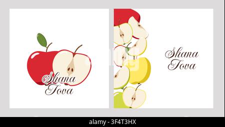 Two Rosh Hashanah greeting cards with apples, pomegranates, honeycombs, and bees on beige background Stock Vector