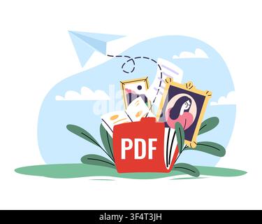 Pdf document sharing and file transfer. Digital files, images, online communication, document exchange, electronic records, portable format for Stock Vector