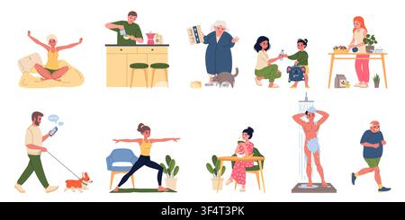 Morning routine lifestyle. Healthy daily beginning, people cooking, exercising, gardening, pet care, habits, daily activities and relaxing, modern Stock Vector