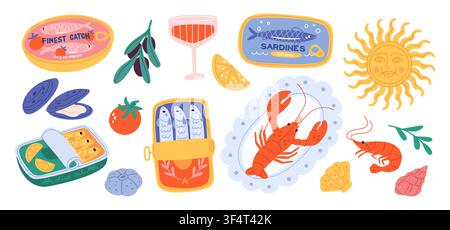 Mediterranean seafood. Cartoon canned fish, lobster, shrimp, olives, citrus fruit, wine, coastal elements, cute hand drawn doodle food ingredients, ki Stock Vector