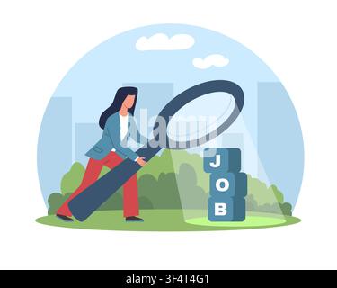 Job search and recruitment. Woman using magnifying glass to find career opportunities, hiring process, candidate selection, human resources in labor Stock Vector