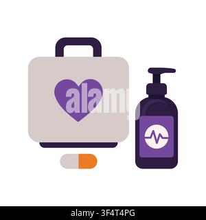 Vector illustration of medical essentials including a first aid kit briefcase with heart symbol, a medicine bottle with pump, and a pharmaceutical cap Stock Vector