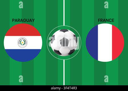 Paraguay vs France football match concept with national flags on green soccer field, perfect for sports event promotions and match day banners. Stock Vector