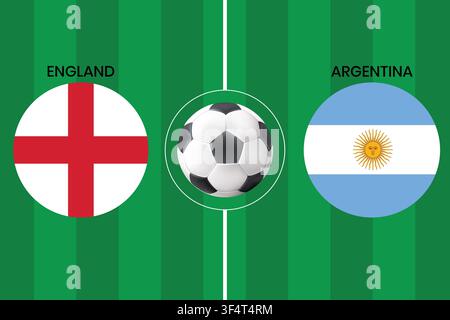 England vs Argentina football match concept with national flags on green soccer field, perfect for sports event promotions and match day banners. Stock Vector