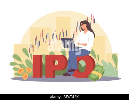 IPO investment. Woman using laptop, stock market chart, cash and coins, Initial public offering, trading, finance, investment strategy, financial Stock Vector