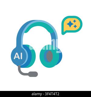 Flat vector illustration of a blue and teal AI-powered headset with microphone and a speech bubble with sparkles, representing artificial intelligence Stock Vector