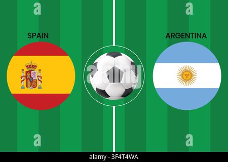 Spain vs Argentina football match concept with national flags on green soccer field, perfect for sports event promotions and match day banners. Stock Vector