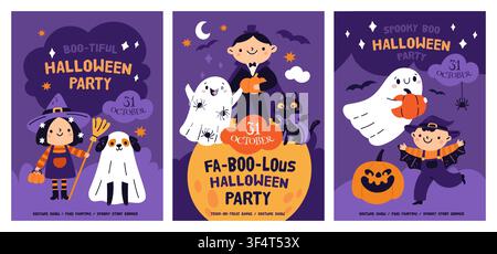 Halloween kids party cards. Cute children ghosts, pumpkin and witch, vampire and black cat, event invitations templates, festive event posters design Stock Vector