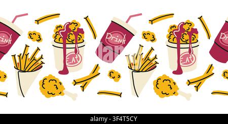 French fries and fried chicken seamless border hand drawn vector Stock Vector