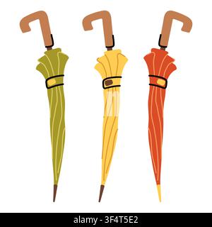 Three closed umbrella canes vector collection. Colorful green, yellow and red classic accessories for autumn rainy day weather protection, isolated on Stock Vector
