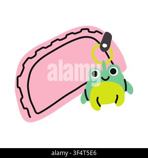 Pink school pencil case with cute smiling frog keychain attached, isolated on white background. Hand drawn stationery zipper pouch vector illustration Stock Vector