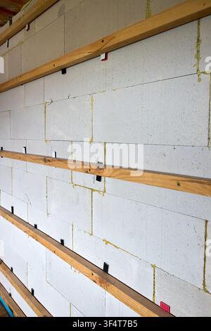 Horizontal wooden furring strips are installed on aerated concrete block wall inside building under construction. Leveling spacers and plastic shims a Stock Photo