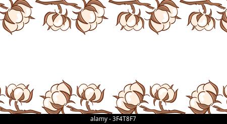Cotton flower frame with dry plant branch pattern on white background. Botanical floral border decor. Organic nature concept. Vector illustration for Stock Vector
