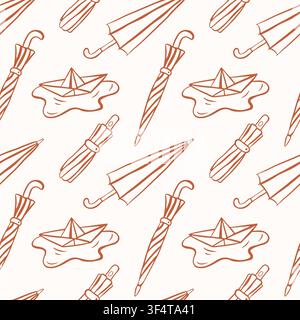 Seamless pattern with umbrella and paper boat in line art style. Autumn rain weather theme. Monochrome brown sketch drawing. illustration for surface Stock Vector